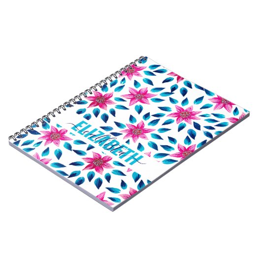 Hellrosa blaue Blüten Blätter Acrylic Monogram Notizblock (Linke Seite)