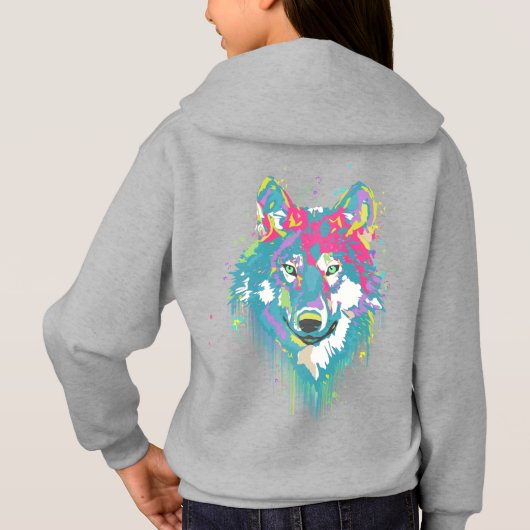 Hellrosa Blaue Neonfarben Spritzer Wolf Hoodie (Rückseite)