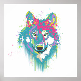 Hellrosa Blaue Neonfarben Spritzer Wolf Poster