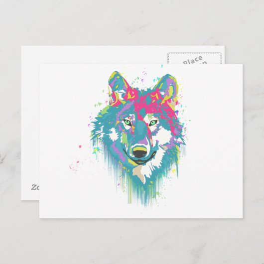 Hellrosa Blaue Neonfarben Spritzer Wolf Postkarte (Vorne/Hinten)
