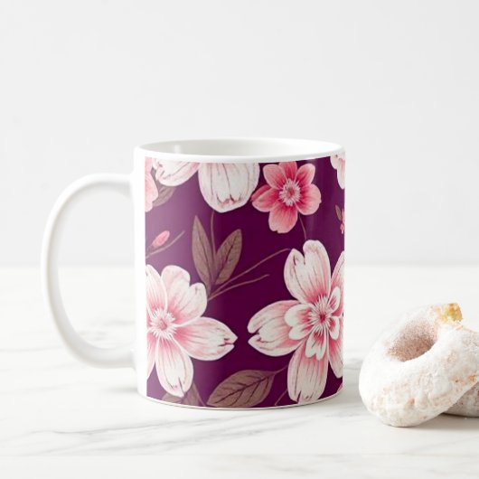 Hellrosa Blume Muster auf lila Kaffeetasse (Mit Donut)