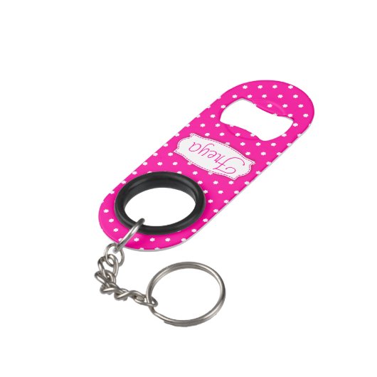 Hellrosa Blume Polka Punkte Name Flaschenöffner (Rückseite Schrägansicht)