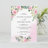 Hellrosa Blumengrün, Hochzeit boho Einladung (Stehend Vorderseite)