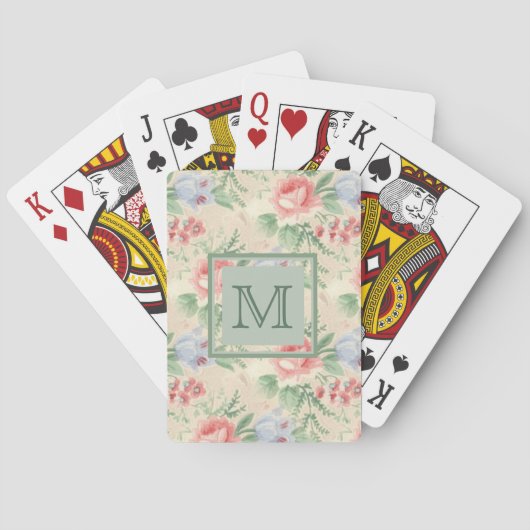 Hellrosa Blumenmuster-Monogramm im Vintage-Stil Spielkarten (Rückseite)