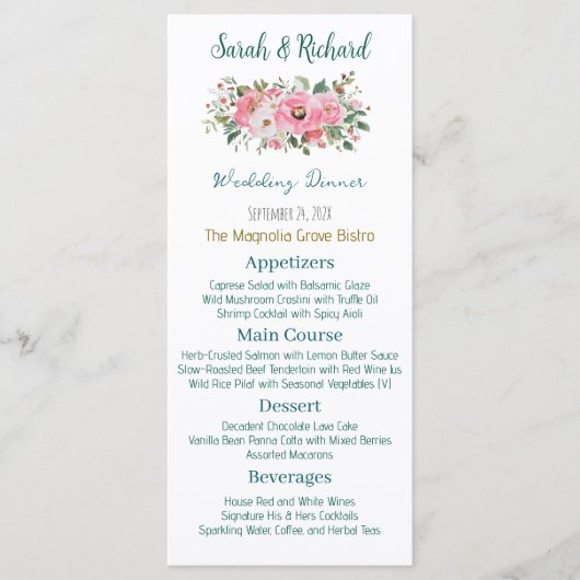 Hellrosa Blumenzehen Menükarte (Vorderseite)