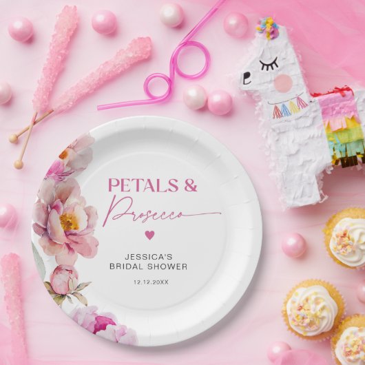 Hellrosa Blütenblätter und Bräute der Prosecco Pappteller (Party)