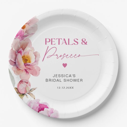 Hellrosa Blütenblätter und Bräute der Prosecco Pappteller (Vorderseite)