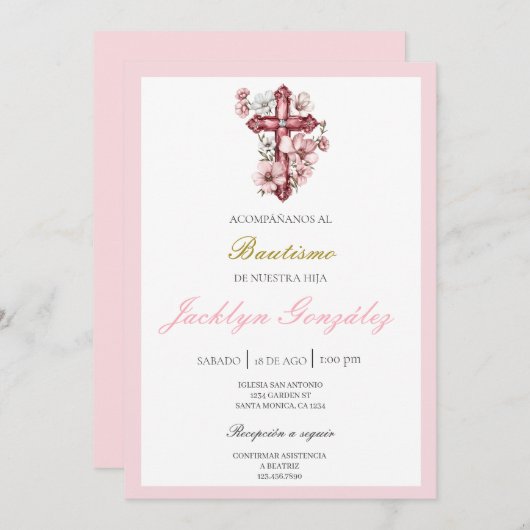 Hellrosa Blütentaufe Einladung (Vorne/Hinten)