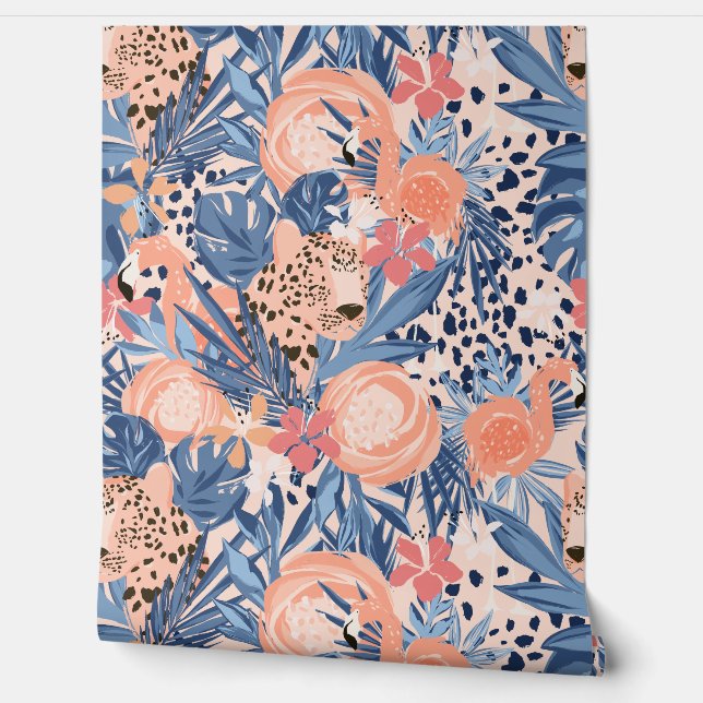 Hellrosa Cheetah und Flamingo Tropical Tapete (Abrollen)