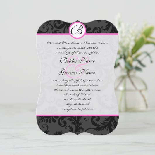 Hellrosa Damaske Wirbel Hochzeitsfeiern Einladung (Stehend Vorderseite)