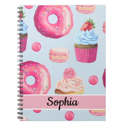 Hellrosa Doughnut und Cupcakes auf Baby Blue Notizblock (Vorderseite)