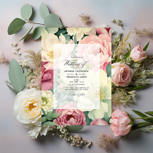 Hellrosa, Elfenbein und Salbeigrün Florale Hochzei Einladung