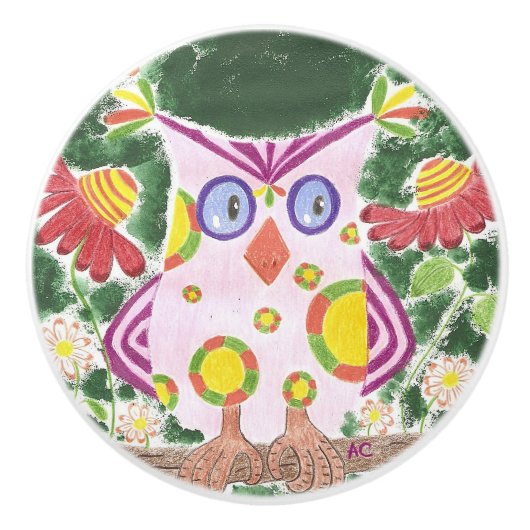 Hellrosa Eule auf grünem Keramikknauf (Vorderseite)