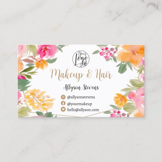 Hellrosa farbenfrohe florale Goldmakeup Haar Visitenkarte (Vorderseite)