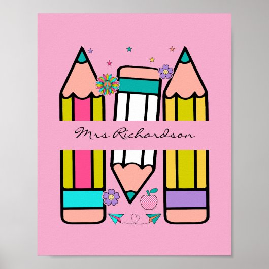 Hellrosa Farbiger Lehrer Cartoon Bleistift Poster (Vorne)