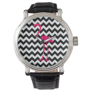 Hellrosa Flamingo Black und White Zigzag Armbanduhr