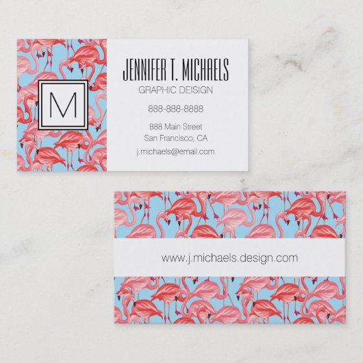 Hellrosa Flamingos auf blau| Monogramm Visitenkarte (Vorne/Hinten)