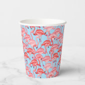 Hellrosa Flamingos auf blau Pappbecher (Rückseite)