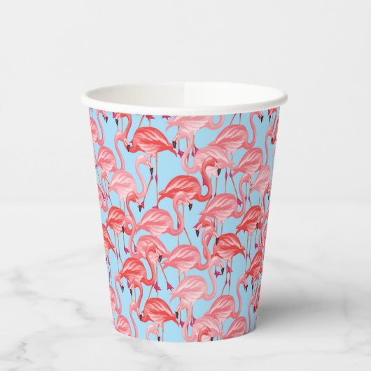 Hellrosa Flamingos auf blau Pappbecher (Links)
