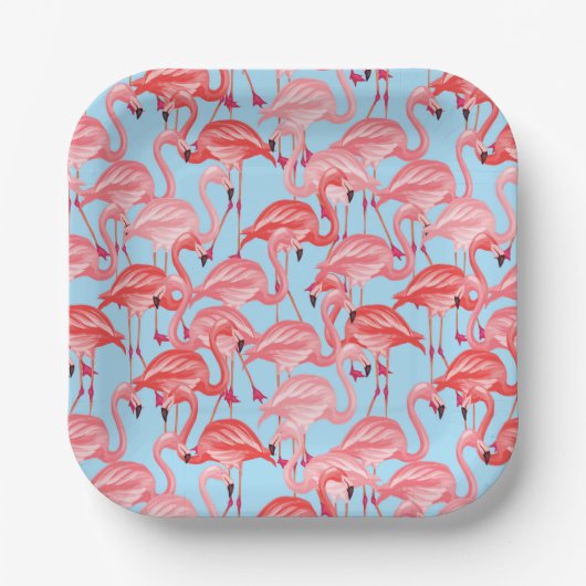 Hellrosa Flamingos auf blau Pappteller (Vorderseite)