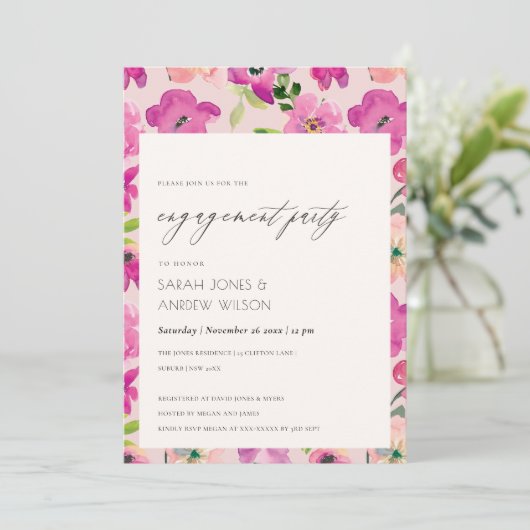 Hellrosa Fun Aquarellfarben Verlobung Einladung (Stehend Vorderseite)