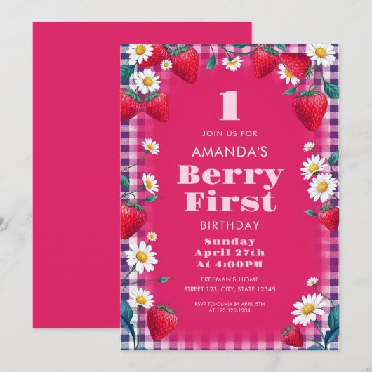 Hellrosa Gingham mit Erdbeeren 1. Geburtstag Einladung (Vorne/Hinten)