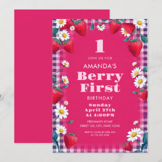 Hellrosa Gingham mit Erdbeeren 1. Geburtstag Einladung