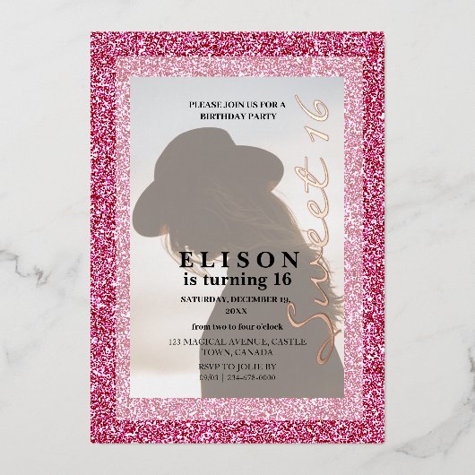 Hellrosa Glitzer Modernes Foto für Skripte Sweet 1 Folieneinladung (Vorderseite)
