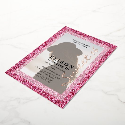Hellrosa Glitzer Modernes Foto für Skripte Sweet 1 Folieneinladung (Gedreht)