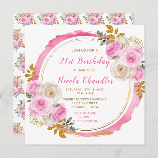 Hellrosa Gold Elegante Blume Geburtstagsparty Einladung (Vorne/Hinten)