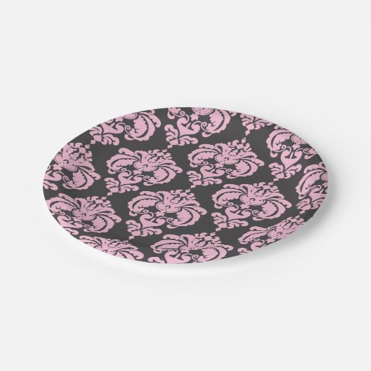 Hellrosa & graue Damaske Elegantes Party Pappteller (Schrägansicht)