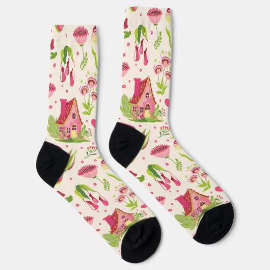 Hellrosa Groovy-Cottailcore nahtloses Muster Socken (Rechts)