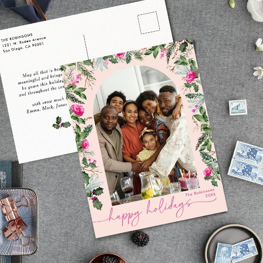 Hellrosa Grünpflanzen Arch Happy Holidays Foto Postkarte