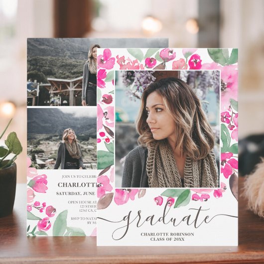 Hellrosa Grünschrift Foto Abschluss Einladung