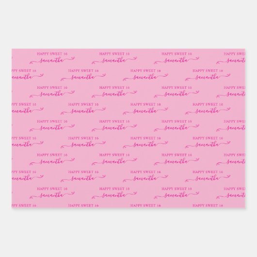 Hellrosa Happy Sweet 16 Niedlich Bow Name Geschenkpapier Set (Vorderseite)
