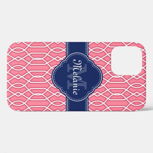 Hellrosa, Lattice Muster Navy Monogram Case-Mate iPhone Hülle (Rückseite (Horizontal))