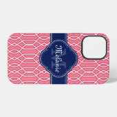 Hellrosa, Lattice Muster Navy Monogram iPhone Hülle (Rückseite (Horizontal))