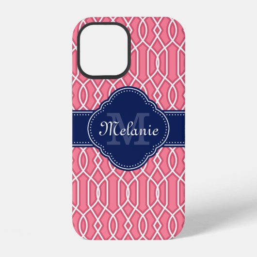Hellrosa, Lattice Muster Navy Monogram iPhone Hülle (Rückseite)