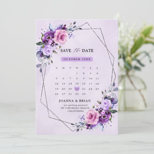 Hellrosa Lila Aquarellfarben Blume Save The Date (Stehend Vorderseite)