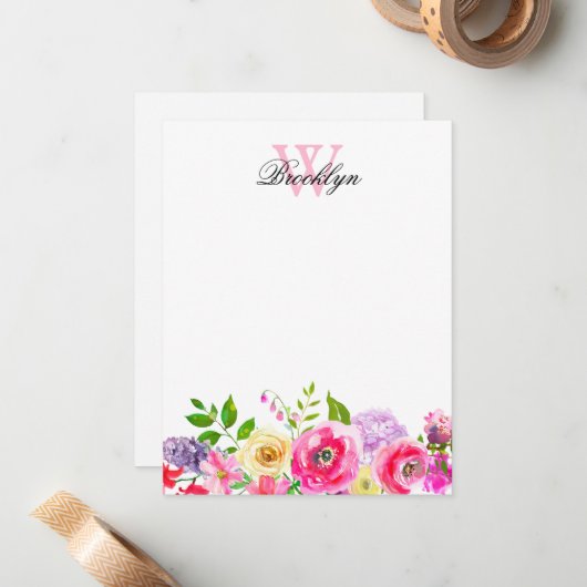 Hellrosa Lila, florale Mit Monogramm Note Mitteilungskarte (Vorderseite/Rückseite Beispiel)