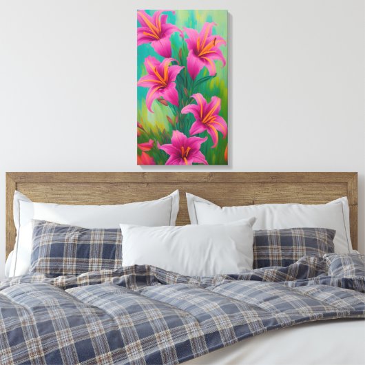 Hellrosa Lilien auf grüner, digitaler Ölmalerei Leinwanddruck (Insitu (Schlafzimmer))