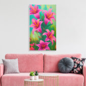 Hellrosa Lilien auf grüner, digitaler Ölmalerei Leinwanddruck (Insitu (Wohnzimmer))