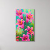 Hellrosa Lilien auf grüner, digitaler Ölmalerei Leinwanddruck (Vorderseite)
