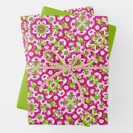 Hellrosa, Lime-Grün- und Weißmuster Geschenkpapier Set (Beispiel)
