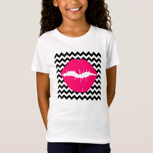 Hellrosa Lippen auf schwarzen und weißen Zigzag T-Shirt (Vorderseite)