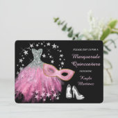 Hellrosa Masquerade Quinceanera Einladung (Stehend Vorderseite)