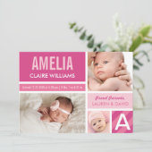 Hellrosa Modern Foto Collage Baby Girl Birth Ankündigung (Stehend Vorderseite)