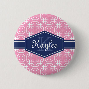 Hellrosa Modern Square Muster Blaue Beschriftung Button