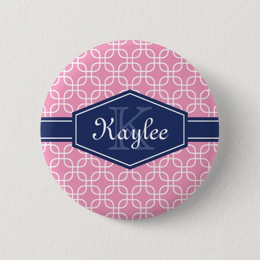 Hellrosa Modern Square Muster Blaue Beschriftung Button (Vorderseite)
