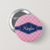 Hellrosa Modern Square Muster Blaue Beschriftung Button (Vorne & Hinten)